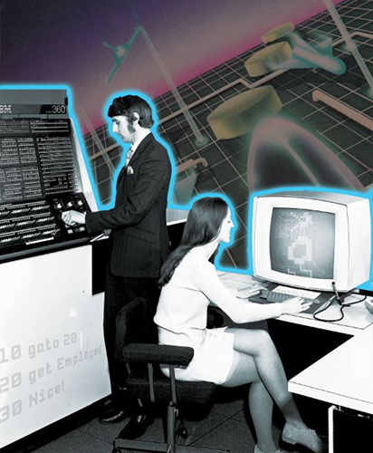 vintage man and woman working with computers