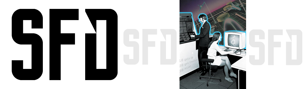 SFD logo with retro it staff and computers